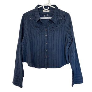 Natural Life Ana Lace Linen Cotton Button Down Top Size L Blue Cottagecore Boho